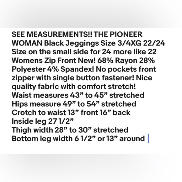 THE PIONEER WOMAN Black Jeggings Size 3/4X 22/24 Womens Zip Front New - Picture 10 of 10